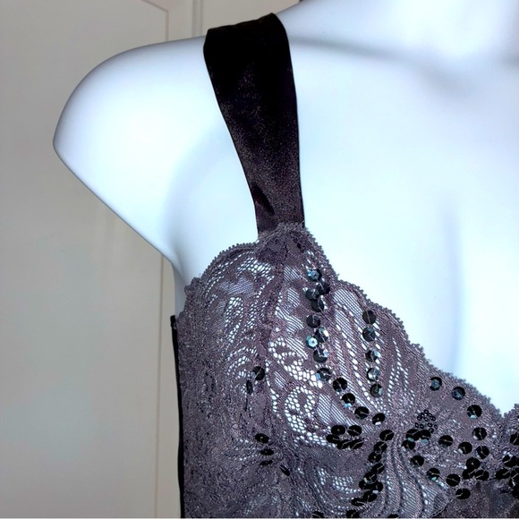 Vtg Victoria's Secret Gray Satin Lace Sequin Trim Long Nightgown Slip Dress L - Picture 3 of 10